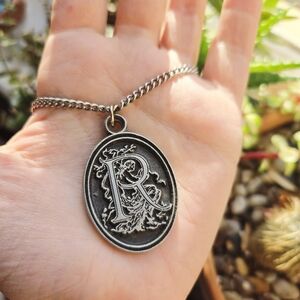 Vintage Silver Pewter R Initial Boho Bohemian Ornate Oval Pendant Necklace